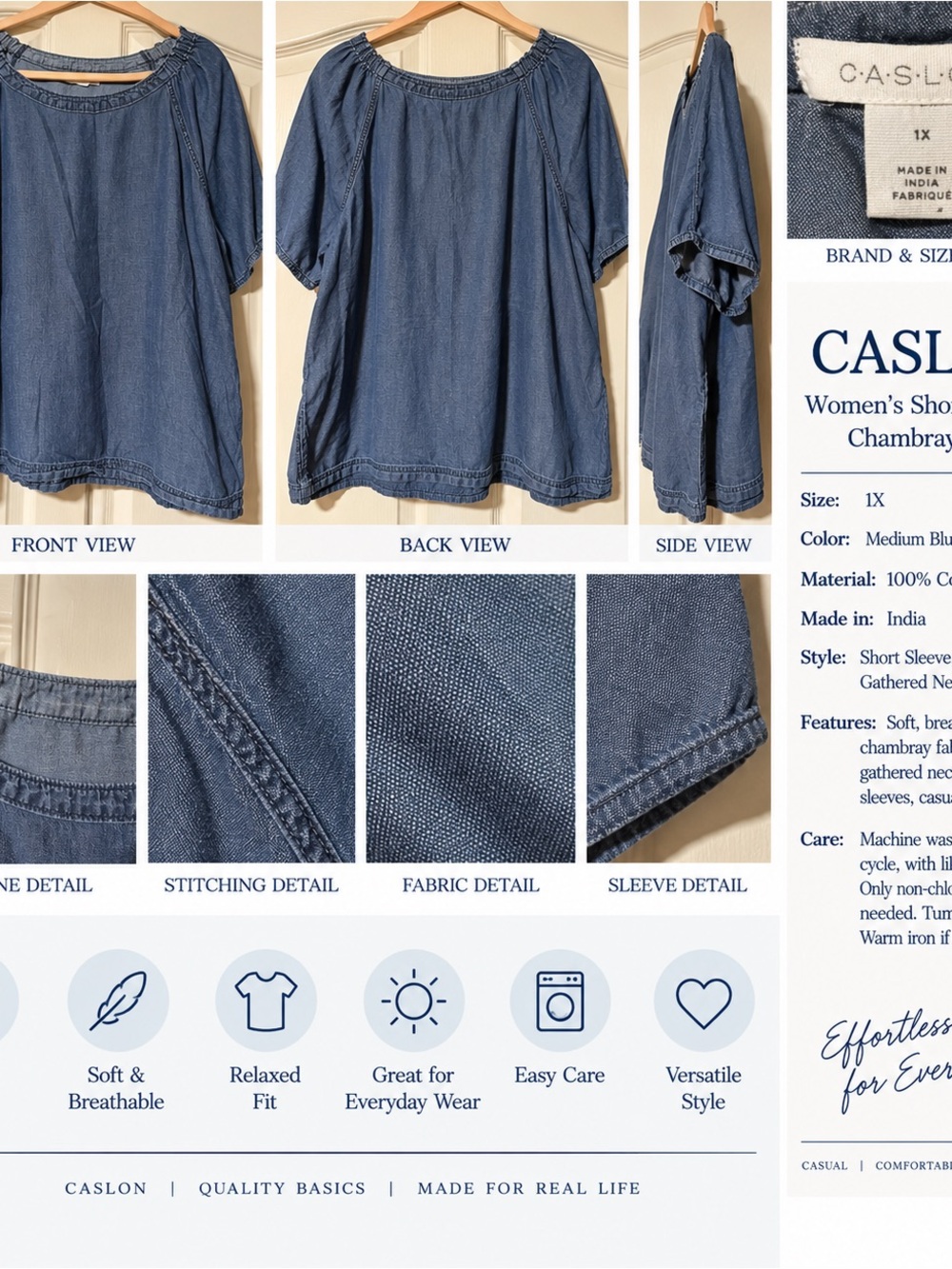 Caslon Medium Blue Chambray Short Sleeve Peasant Top